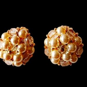 Kramer Signed Crystal and Pearl Clip Earrings